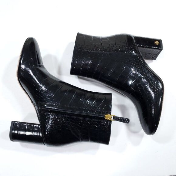 Tory Burch Brooke 70 MM Booties Croc Embosssed Black Ankle Boots Size 5.5 - Picture 4 of 11